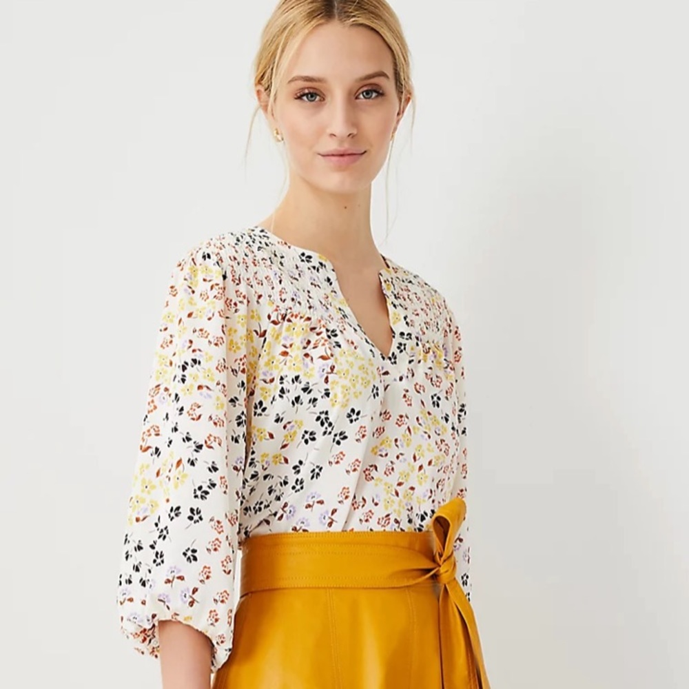 Ann Taylor smocked floral blouse